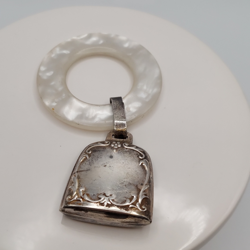 Antique Sterling Rattle & MOP Teething Ring.
